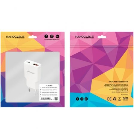 Cargador de pared nanocable 10.10.2022/ 1xusb tipo-c/ 1xusb/ 20w/ blanco