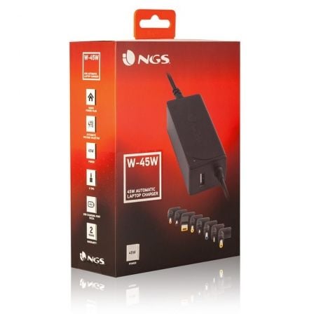 Cargador de portátil ngs w-45w/ 45w/ automático/ 8 conectores/ voltaje 19-20v/ 1 usb