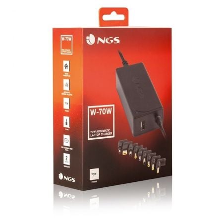 Cargador de portátil ngs w-70w/ 70w/ automático/ 9 conectores/ voltaje 18.5-20v/ 1 usb