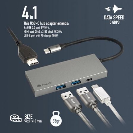 Docking usb tipo-c ngs wonderdock4 pro/ 2xusb/ 1xusb tipo-c dp/ 1xhdmi 4k