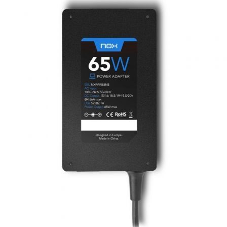 Cargador de portátil nox 65w/ 65w/ automático/ 10 conectores/ voltaje 15-20v
