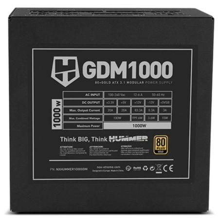 Fuente de alimentación nox hummer gdm/ 1000w/ ventilador 12cm/ 80 plus gold