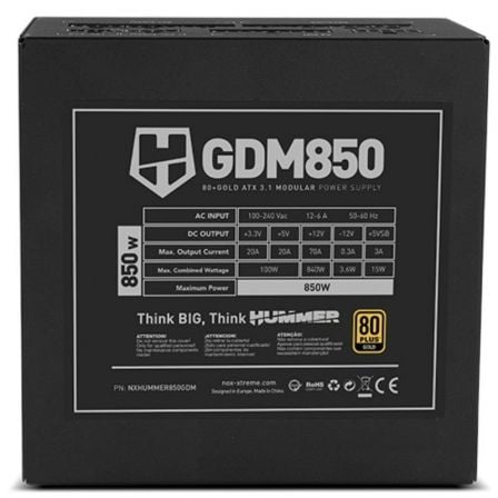 Fuente de alimentación nox hummer gdm/ 850w/ ventilador 12cm/ 80 plus gold