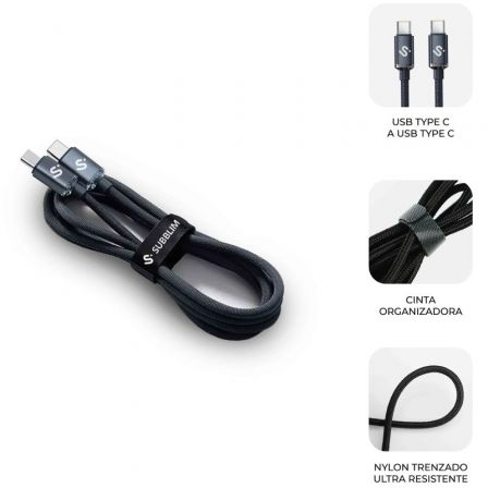 Cable USB 2.0 Tipo-C Subblim Optimus/ USB Tipo-C Macho - USB Tipo-C Macho/ Hasta 60W/ 480Mbps/ 1m/ Negro