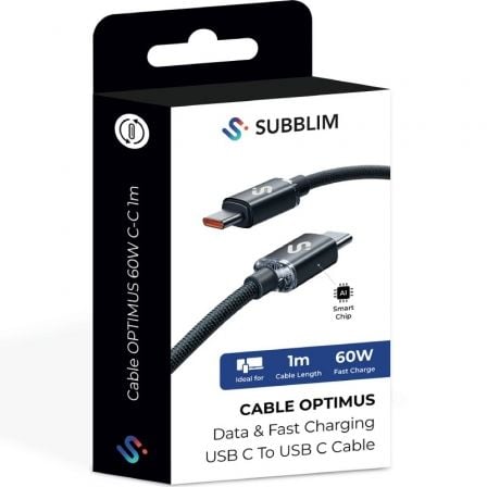 Cable USB 2.0 Tipo-C Subblim Optimus/ USB Tipo-C Macho - USB Tipo-C Macho/ Hasta 60W/ 480Mbps/ 1m/ Negro