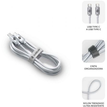 Cable USB 2.0 Tipo-C Subblim Optimus/ USB Tipo-C Macho - USB Tipo-C Macho/ Hasta 60W/ 480Mbps/ 1m/ Blanco