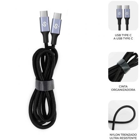 Cable USB 2.0 Tipo-C Subblim Plus/ USB Tipo-C Macho - USB Tipo-C Macho/ Hasta 100W/ 480Mbps/ 1m/ Negro