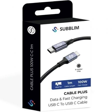 Cable USB 2.0 Tipo-C Subblim Plus/ USB Tipo-C Macho - USB Tipo-C Macho/ Hasta 100W/ 480Mbps/ 1m/ Negro