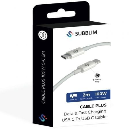 Cable usb 2.0 tipo-c subblim cable plus/ usb tipo-c macho - usb tipo-c macho/ hasta 100w/ 480mbps/ 2m/ blanco