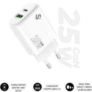 Cargador de pared gan subblim 25w charger usb c+a/ 1xusb tipo-c/ 1xusb/ 25w