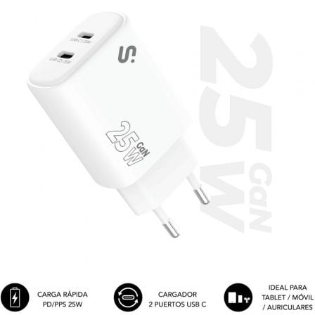 Cargador de pared gan subblim 25w charger usb c+c/ 2xusb tipo-c/ 25w