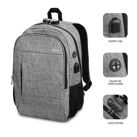 Mochila subblim urban lock para portátiles hasta 16"/ puerto usb/ antirrobo/ gris