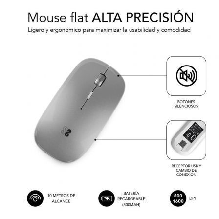 Ratón inalámbrico por bluetooth subblim dual flat/ batería recargable/ hasta 1600 dpi/ plata