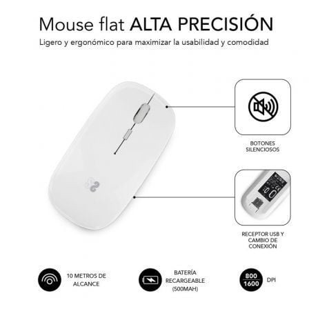 Ratón inalámbrico por bluetooth subblim dual flat/ batería recargable/ hasta 1600 dpi/ blanco