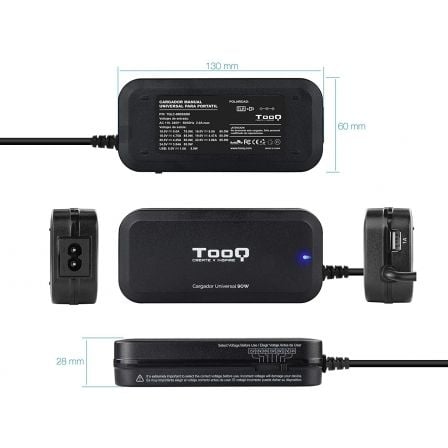 Cargador de portátil tooq tqlc-90bs02m/ 90w/ manual/ 12 conectores/ voltaje 15-24v/ 1 usb