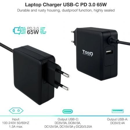 Cargador de portátil tooq tqlc-usbc65pd usb tipo-c/ 65w/ automático/ voltaje 5-20v