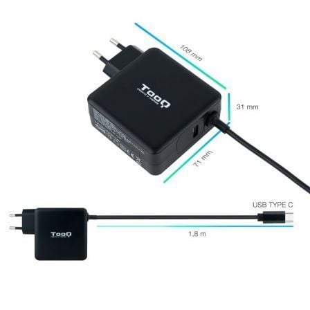 Cargador de portátil tooq tqlc-usbc65pd usb tipo-c/ 65w/ automático/ voltaje 5-20v