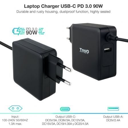 Cargador de portátil tooq tqlc-usbc90pd usb tipo-c/ 90w/ automático/ voltaje 5-20v