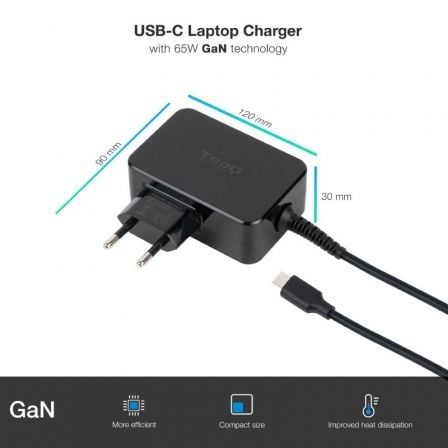 Cargador de Portátil GaN TooQ TQLC-USBCGAN65PD USB Tipo-C/ 65W/ Automático/ Voltaje 5-20V