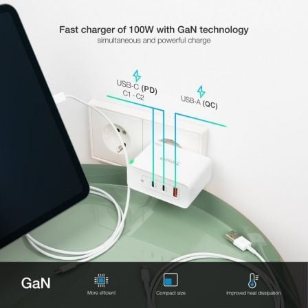 Cargador de pared gan tooq tqwc-ganqc2pd100w/ 2xusb tipo-c/ 1xusb/ 100w