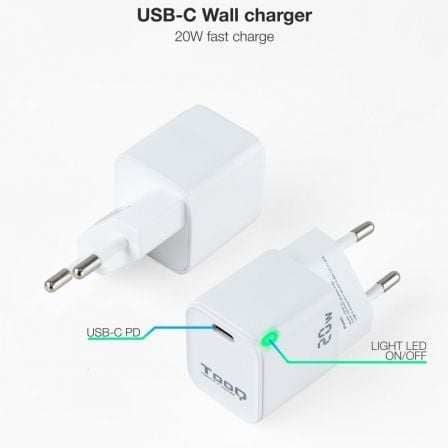 Cargador de pared tooq tqwc-pd20wt/ 1xusb tipo-c/ 20w/ blanco