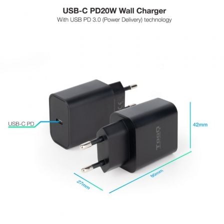 Cargador de pared tooq tqwc-pdusbc20b/ 1xusb tipo-c/ 20w