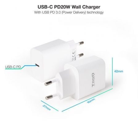 Cargador de pared tooq tqwc-pdusbc20w/ 1xusb tipo-c/ 20w