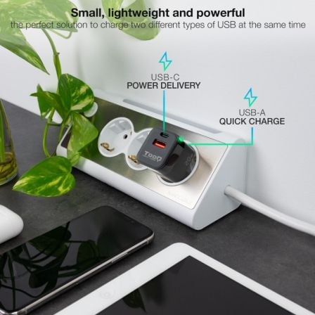 Cargador de pared tooq tqwc-qcpd20/ 1xusb tipo-c/ 1xusb/ 20w