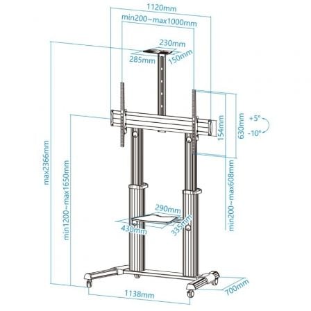 Soporte de suelo inclinable/ ajustable con ruedas tooq fs20300m-b para tv de 60-100"/ hasta 100kg