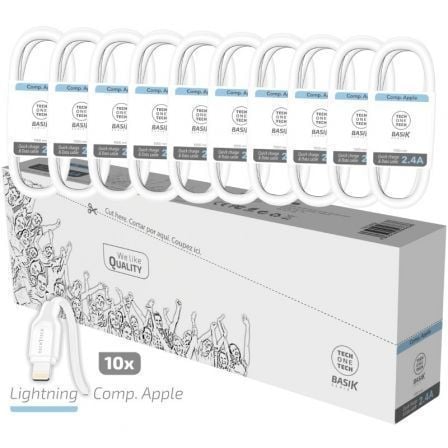 Pack 10 cables lightning tech one tech basik tec2952/ usb macho - lightning macho/ 1m/ blanco