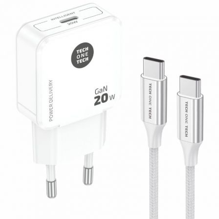 Cargador de pared tech one tech tec2221/ 1xusb tipo-c + cable usb tipo-c/ 20w/ blanco