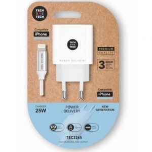 Cargador de pared tech one tech tec2265/ 1xusb tipo-c + cable lightning/ 3a/ blanco