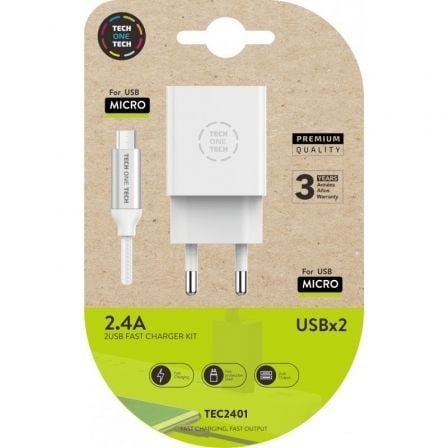 art_tot-car-tec2401_1 Cargador de pared tech one tech tec2401/ 2xusb + cable micro usb/ 12w/ blanco