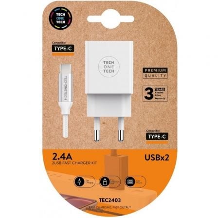 art_tot-car-tec2403_1 Cargador de pared tech one tech tec2403/ 2xusb + cable usb tipo-c/ 12w/ blanco