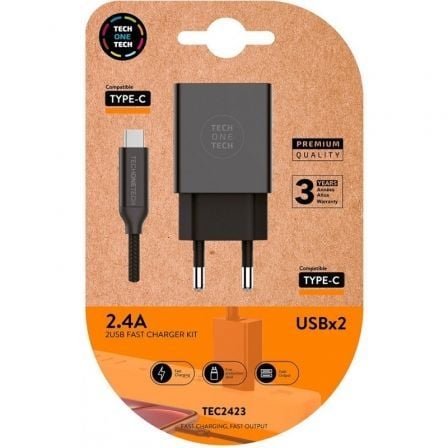 art_tot-car-tec2423_1 Cargador de pared tech one tech tec2423/ 2xusb + cable usb tipo-c/ 12w/ negro