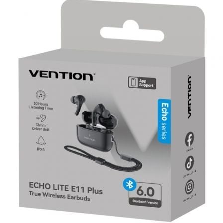 Auriculares bluetooth vention echo lite e11 plus con estuche de carga/ autonomía 30h/ negros