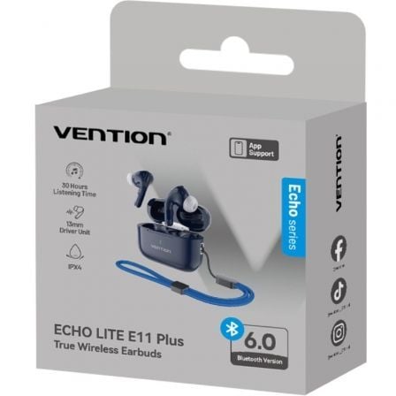 Auriculares bluetooth vention echo lite e11 plus con estuche de carga/ autonomía 30h/ azules