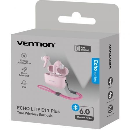 Auriculares bluetooth vention echo lite e11 plus con estuche de carga/ autonomía 30h/ rosas