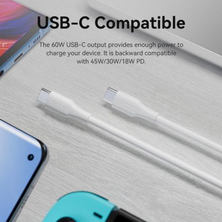 Cable usb 2.0 tipo-c 3a vention trcwh/ usb tipo-c macho - usb tipo-c macho/ hasta 60w/ 480mbps/ 2m/ blanco