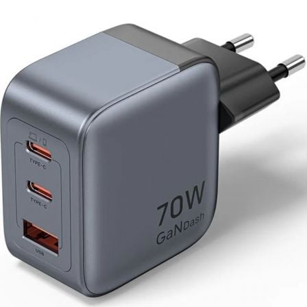 Cargador de pared gan vention fexh0-eu/ 2xusb tipo-c/ 1xusb/ 70w