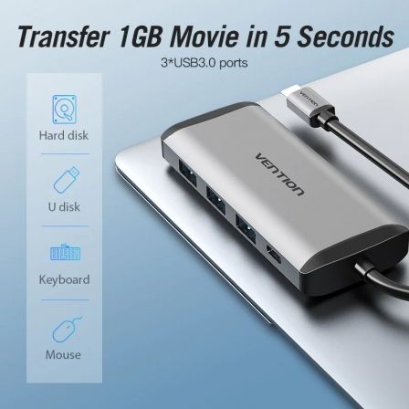 Docking usb tipo-c vention cndhb/ 1xhdmi 4k/ 3xusb/ 1xusb tipo-c pd/ 1xrj45/ 1xlector tarjetas/ gris