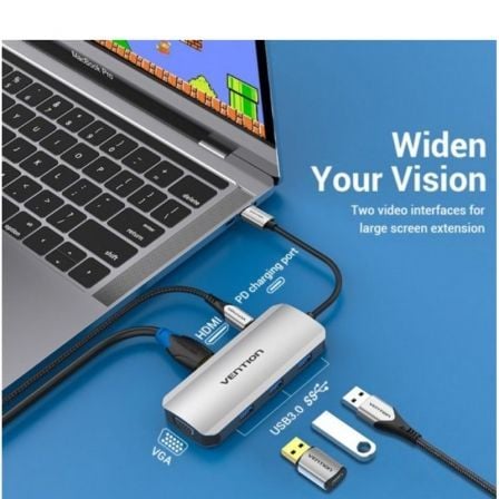 Docking usb tipo-c vention toihb/ 1xhdmi 4k/ 1xvga/ 3xusb/ 1xusb tipo-c pd/ gris