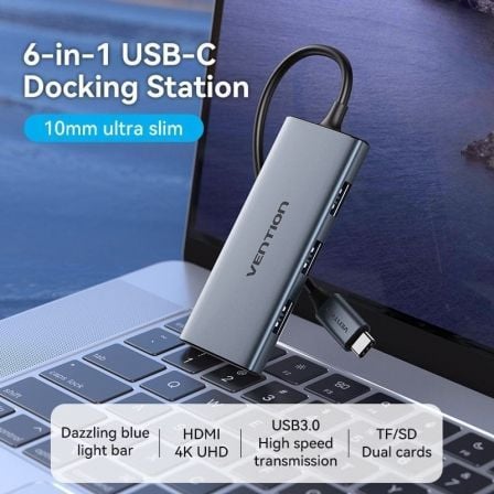 Docking usb tipo-c vention toohb/ 1xhdmi 4k/ 3xusb/ 1xlector tarjetas/ gris