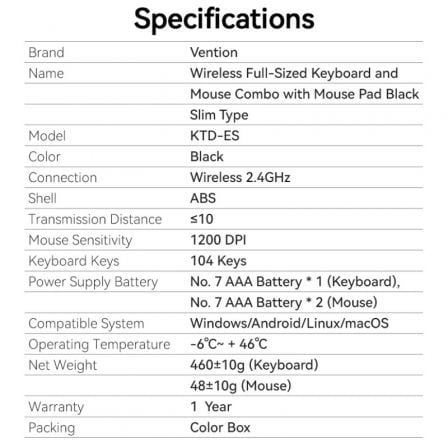 Teclado y ratón inalámbricos vention combo ktdb0-es