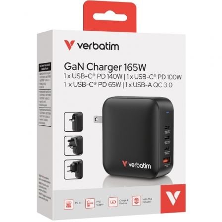 Cargador de pared universal gan para viaje verbatim mini gan wall charger/ 3xusb tipo-c/ 1xusb/ 165w