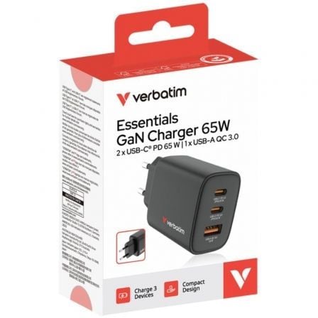 Cargador de pared gan verbatim essentials/ 2xusb tipo-c/ 1xusb/ 65w