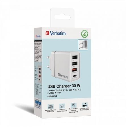 art_verb-carga-chr-30eu2_3 Cargador de pared gan verbatim chr-30eu2/ 1xusb tipo-c/ 3xusb/ 30w