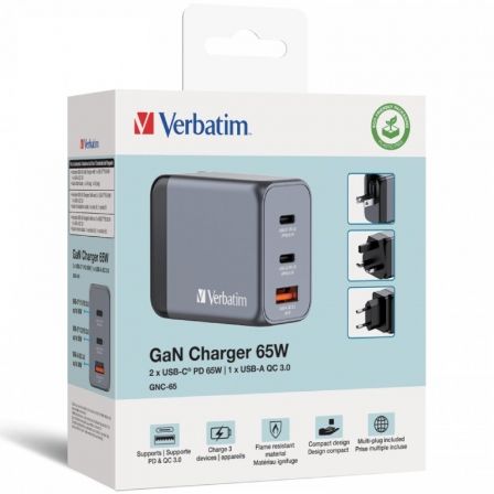 Cargador de Pared Universal GaN para Viaje Verbatim GNC-65/ 2xUSB Tipo-C/ 1xUSB/ 65W