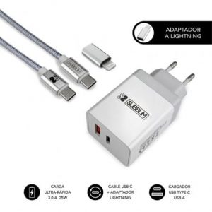 Cargador de pared subblim subchg-3wpd10/ 1xusb tipo-c/ 1xusb/ cable usb tipo-c + adaptador lightning/ 25w/ blanco