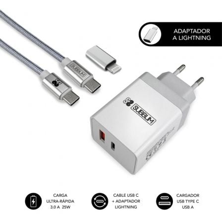 Cargador de pared subblim subchg-3wpd10/ 1xusb tipo-c/ 1xusb/ cable usb tipo-c + adaptador lightning/ 25w/ blanco